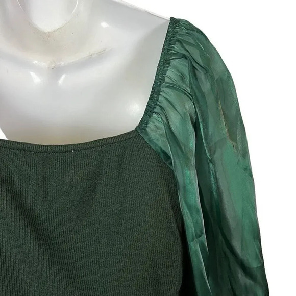 Oddy Womens Sheer Puff Sleeve Boned Ribbed Green Top Shirt Blouse NWT sz Large - Picture 7 of 16
